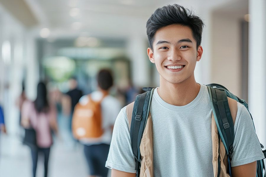 Lifestyle photography of a smiling Asian student focusing on everyday college experiences on solid white background