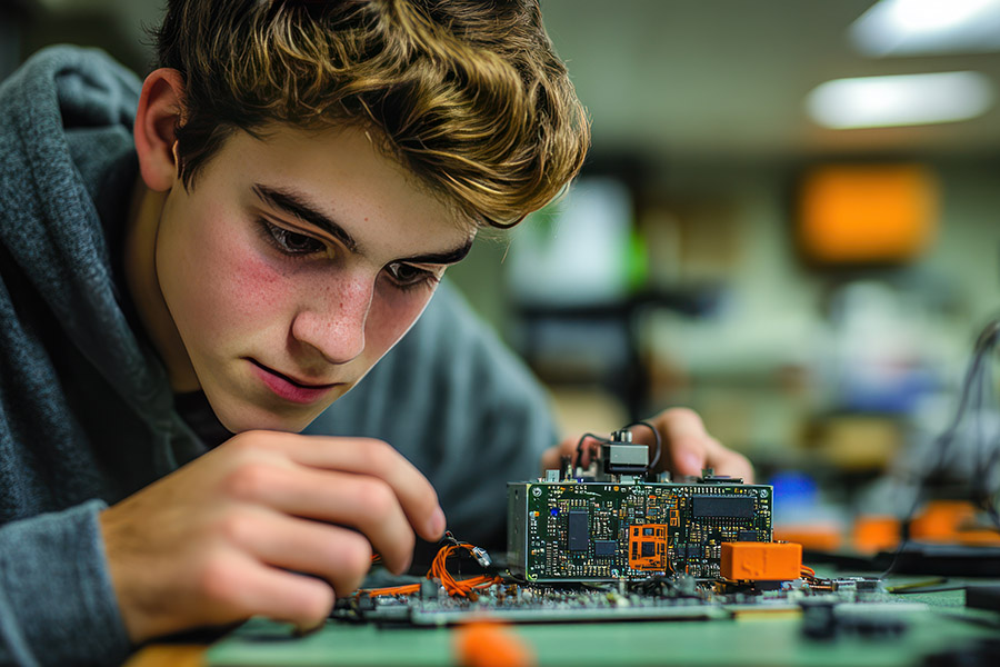 Young person working on circuit board